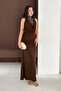 Women's Brown Draped Lace Detailed Long Zero-Sleeve Dress - 4