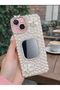 iPhone 15 Pro Max Pearl Detailed Mirrored Phone Case with White Flower Decoration Stylish Design