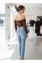 Women's Brown Off-Shoulder Crop Blouse Long Sleeve Patterned Stylish - 4