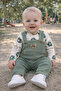 Men's Teddy Bear Patterned Waffle Fabric Printed Long Sleeve Green Baby Romper Set
