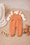 Men's Teddy Bear Patterned Waffle Fabric Printed Long Sleeve Brown Baby Romper Set - 5