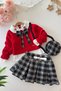 My Little One's Cicileri Bowknot Knitwear Sweater Plaid Pleated Shorts Skirt Girls' 4-Piece Set - Red - 2