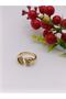 Gold, Double Heart Design, Zircon Stone Steel Ring - 2