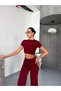 Osy Modal Soft Textured Fabric Short Sleeve Crop Bottom Flared Leg Pantalon Double Set - Claret Red - 7
