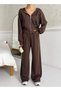 Women's Top and Bottom Set Hooded Zipper Crop Tracksuit Set High Waist Wide Leg Relaxed Cut Set - 2