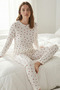 Heart Patterned White Waffle Pajama Set Crew Neck Cotton Relaxed Cut Home Wear - 3