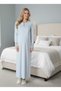 New Season Blue Full Length Lace Detailed Buttoned Special Design 100% Cotton Maternity Nightgown - 7