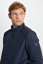 Men's Navy Blue Standard Fit Regular Cut Quilted Patterned Mock Neck Zipper Side Pocket Puffer Coat - 6