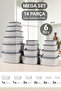 Set of 14 Striped Square Storage Containers - 6 Sizes Microwave Safe Organizer Food Container Gray