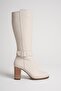Women's Genuine Leather Buckle Detailed Heeled Boots - Cream - 3