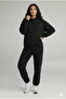 Women's Daily Oversized Black Hooded Tracksuit Set Winter Cotton Lined - 3