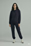 Women's Daily Oversized Navy Blue Hooded Tracksuit Set Winter Cotton Lined - 2