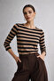 Women's Brown Striped Boat Neck Above Ankle Long Sleeve Blouse - 3