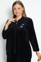 Navy Blue Zippered Cotton Velvet Stone Detailed Long Sleeve Plus Size Top and Bottom Set - 4