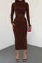 Long Sleeve Flexible Sandy Fabric Mock Neck Transparent Low-Cut Midi Length Brown Evening Dress 10957