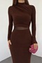 Long Sleeve Flexible Sandy Fabric Mock Neck Transparent Low-Cut Midi Length Brown Evening Dress 10957 - 2