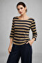 Women's Navy Blue Striped Boat Neck Above Ankle Long Sleeve Blouse - 4