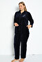 Navy Blue Zippered Cotton Velvet Stone Detailed Long Sleeve Plus Size Top and Bottom Set - 3