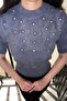 Stone Embellished Bearded Short Sleeve Sweater - Smoked Fume - 3