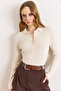 Women's Ecru Polo Collar Snap Detailed Soft Textured Sweater Kzk-19001136 - 6