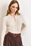 Women's Ecru Polo Collar Snap Detailed Soft Textured Sweater Kzk-19001136