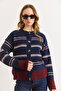 Women's Navy Blue Striped Buttoned Soft Textured Knitwear Cardigan Hrk-19000461 - 3