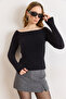 Women's Black Carmen Collar Soft Textured Beard Knitwear Sweater Kzk-19001149 - 2