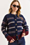 Women's Navy Blue Striped Buttoned Soft Textured Knitwear Cardigan Hrk-19000461
