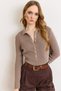 Women's Mink Polo Collar Sweater with Snap Detail and Soft Texture Kzk-19001136