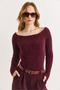 Women's Burgundy Carmen Collar Soft Textured Beard Knitwear Sweater Kzk-19001149 - 3