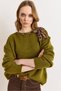 Women's Khaki Leopard Scarf Detailed Soft Textured Knitwear Sweater Kzk-19001134