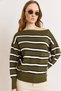 Women's Khaki Boat Neck Striped Knitwear Sweater Kzk-19001141