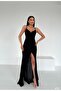 Women's Strappy Double-Breasted Collar Slit Flowers Fabric Evening Dress - 3
