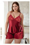 Women's Plus Size Burgundy Satin Shorts Pajama Set with Lace - 2