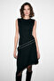 MELODRAMA Stretchy Fabric Round Neck Hem Asymmetric Belt Detail Black Dress - 3
