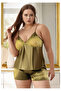 Women's Plus Size Khaki Satin Shorts Pajama Set with Lace