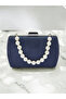 Navy Blue Luxury Suede Crystal Stone Metal Handle Chain Women's Evening Dress Bag - 7