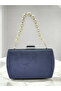 Navy Blue Luxury Suede Crystal Stone Metal Handle Chain Women's Evening Dress Bag - 3
