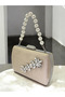 Beige Luxury Suede Crystal Stone Metal Handle Chain Women's Evening Dress Bag - 2