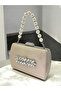 Beige Luxury Suede Crystal Stone Metal Handle Chain Women's Evening Dress Bag - 2