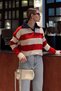 Red Polo Collar Paneled Thick Striped Heart Embroidered Women's Knitwear Sweater - 3