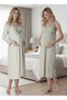New Season Green Striped Summer Lace Detailed Strap Stylish Maternity Dressing Gown Nightgown Set - 7
