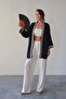 Navy Blue Embroidery Detailed Linen Kimono Vs00678 - 3