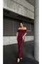 Stone Detailed Strapless Collar Scuba Fabric Dress Bordo 583241