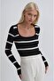 Deep Neckline Striped Knit Sweater 1407 - 6