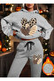 Women's 3-Pack Leo Heart Printed Hooded Top and Bottom Oversized Black/Gray Tracksuit Set