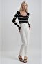 Deep Neckline Striped Knit Sweater 1407 - 4