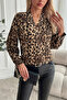 New Season Women's Long Sleeve V-Neck Modal Leopard Patterned Blouse - 5