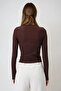 Brown Crew Neck Asymmetrical Cut Ribbed Blouse with Accessory Detail Vs00999 - 4