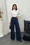Pleated High Waist Wide Leg Modal Fabric Palazzo Pants 8039 - Navy Blue - 6
